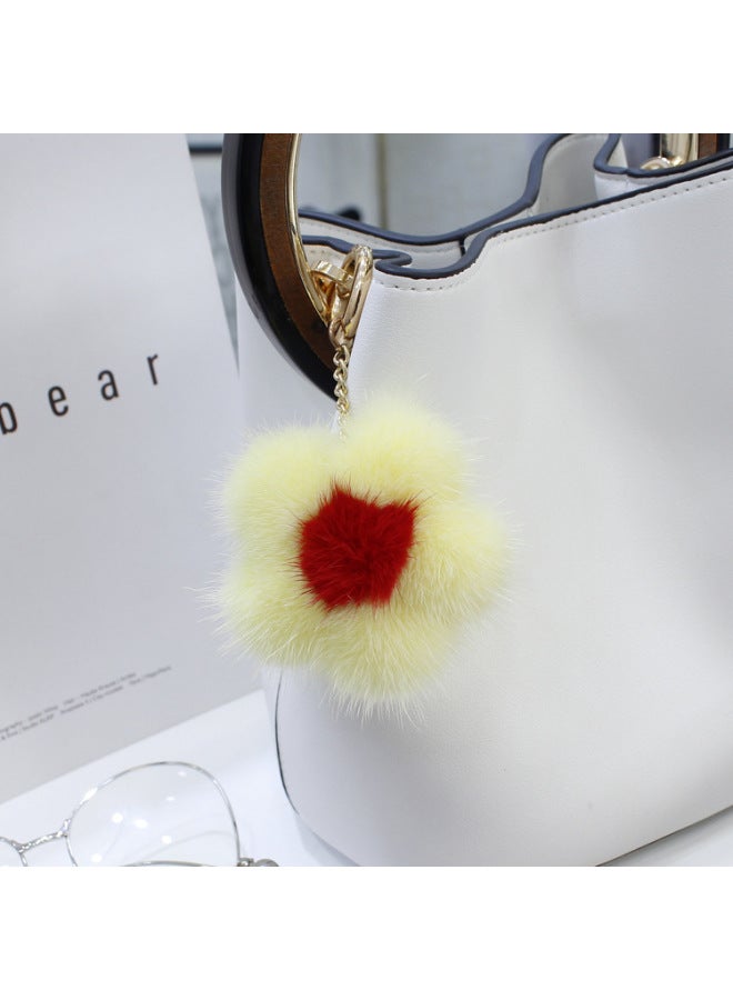 Korean Style Arrival Mink Fur Small Flower Pendant Sunflower Fur Bag Car Keys Fashion Pendant For Women-Color:Yellow Red Heart  - Image 1