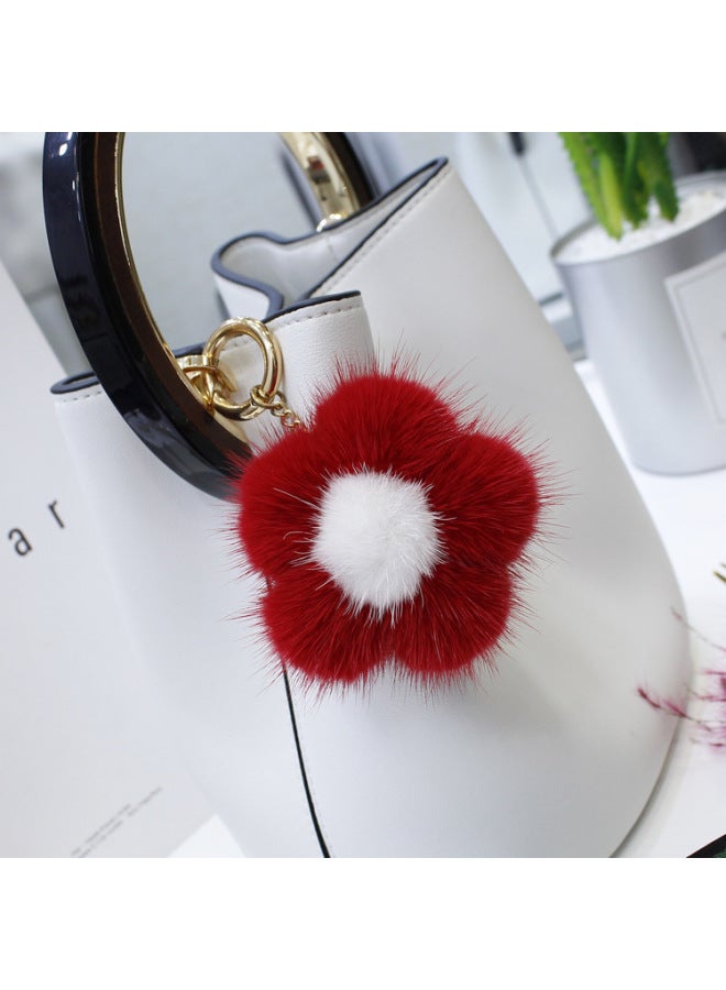Korean Style Arrival Mink Fur Small Flower Pendant Sunflower Fur Bag Car Keys Fashion Pendant For Women-Color:Yellow Red Heart  - Image 3