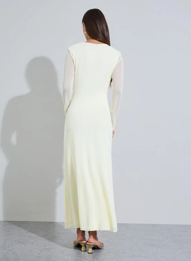 Styli  Yellow Solid Side Ruched Detail Mech Maxi Dress for Women | Best Price UAE