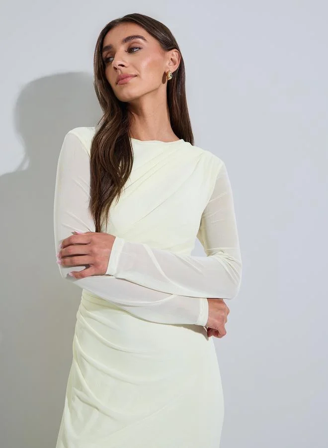Styli  Yellow Solid Side Ruched Detail Mech Maxi Dress for Women | Best Price UAE