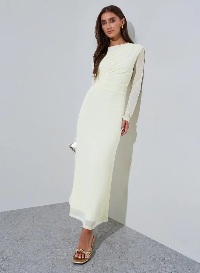 Yellow Solid Side Ruched Detail Mech Maxi Dress