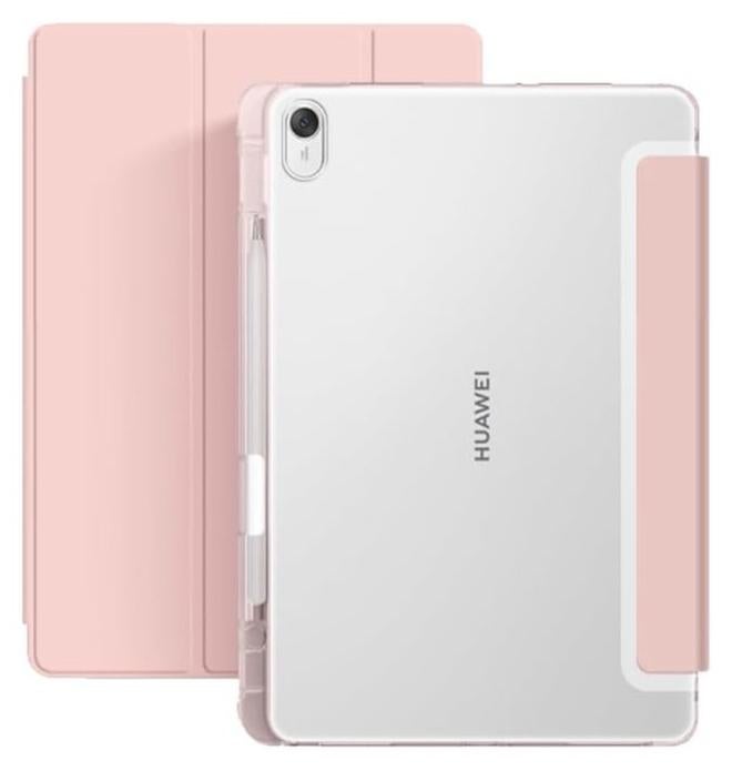 حافظة متوافقة مع جهاز هواوي هاي ميت باد 11.5 بوصة 2025، غطاء واقي ثلاثي الطيات مع حامل قلم، غطاء خلفي شفاف من الجلد (وردي)