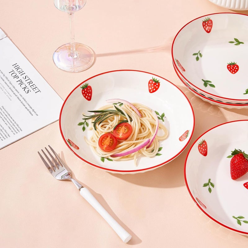 CHILDIKE Porcelain Bowls Set Strawberry 8 Inch Pasta Bowls Set of 4 Salad Bowls 17 OZ - Image 4