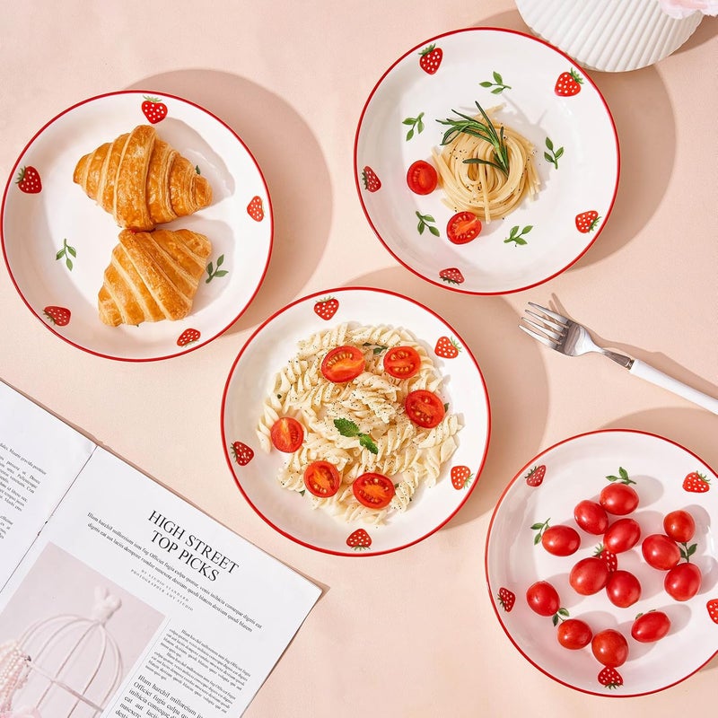 CHILDIKE Porcelain Bowls Set Strawberry 8 Inch Pasta Bowls Set of 4 Salad Bowls 17 OZ - Image 2