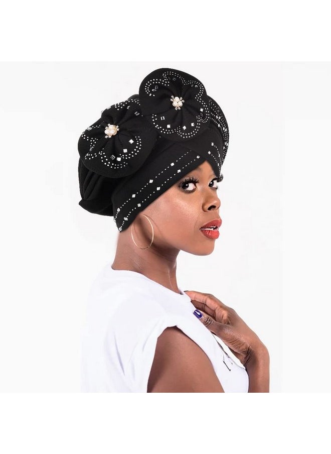 Woeoe - Beanie Cap Head Wrap Black Rhinestones Head Scarf Flower Pearls Twisted Head Turban For Women Girls - Image 1