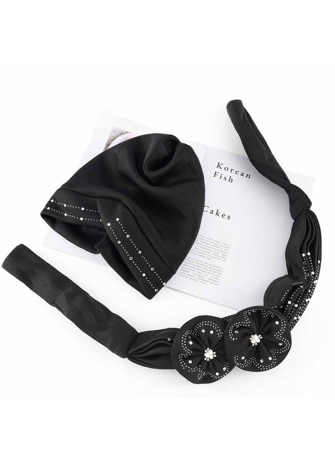 Woeoe - Beanie Cap Head Wrap Black Rhinestones Head Scarf Flower Pearls Twisted Head Turban For Women Girls - Image 1