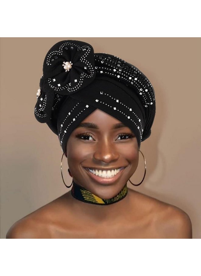 Woeoe - Beanie Cap Head Wrap Black Rhinestones Head Scarf Flower Pearls Twisted Head Turban For Women Girls - Image 1