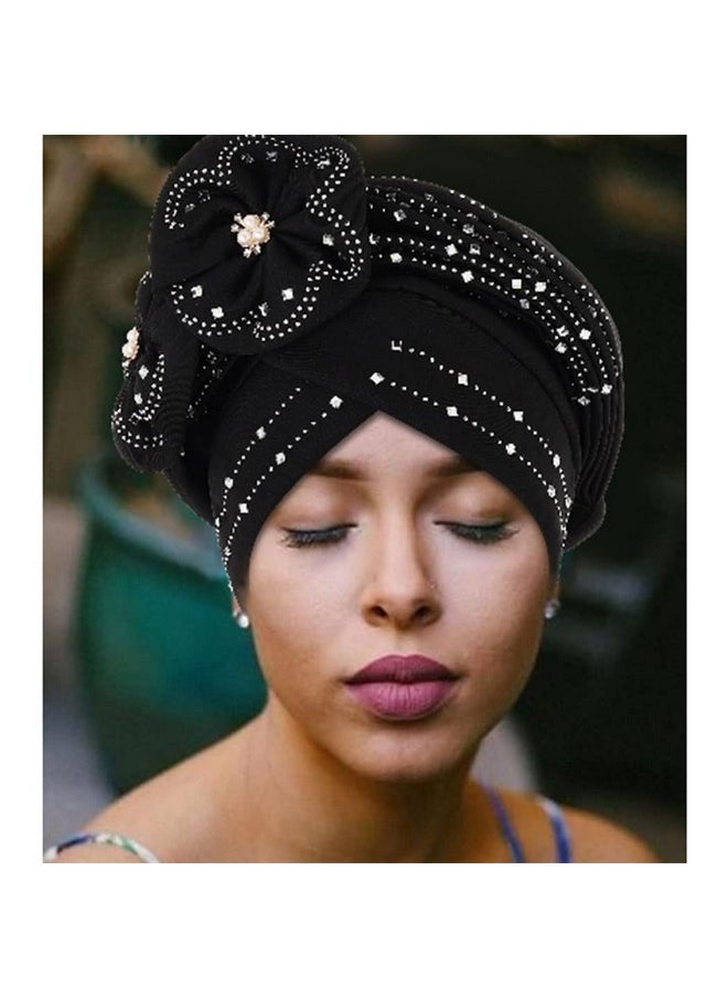 Woeoe - Beanie Cap Head Wrap Black Rhinestones Head Scarf Flower Pearls Twisted Head Turban For Women Girls - Image 1