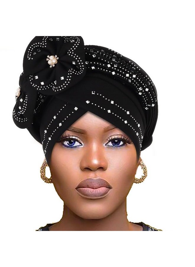Woeoe - Beanie Cap Head Wrap Black Rhinestones Head Scarf Flower Pearls Twisted Head Turban For Women Girls - Image 1