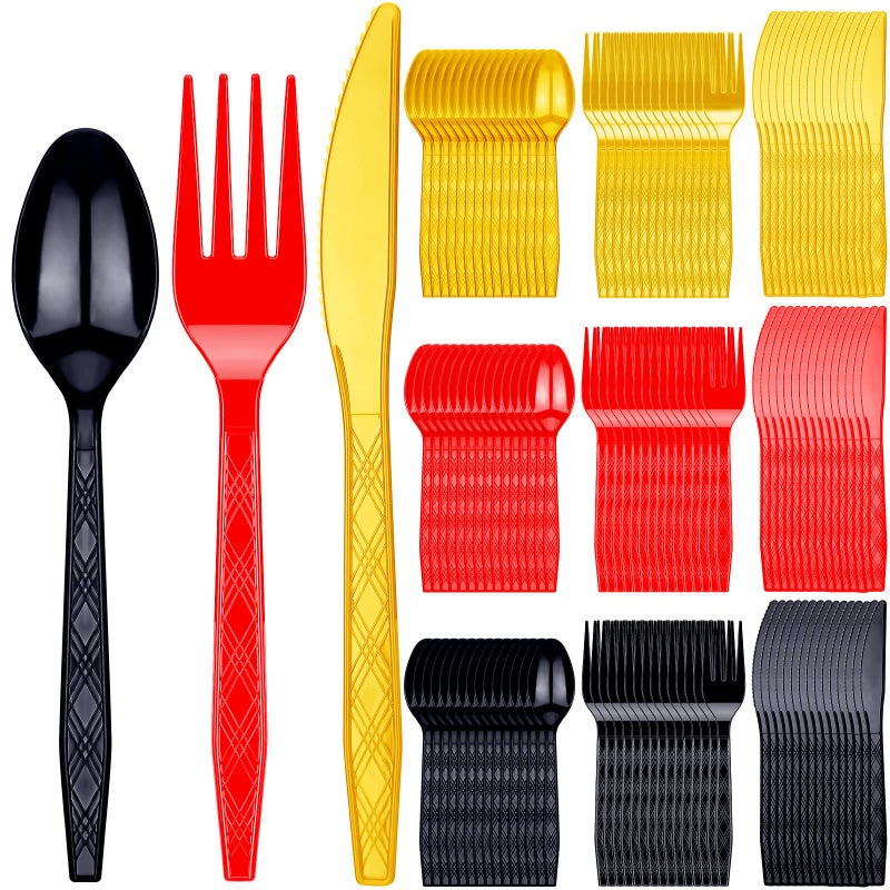 180 Pcs Plastic Silverware Red Black Gold Plastic Utensils Heavy Duty Disposable Cutlery Include 60 Forks 60 Knives 60 Spoons for Graduation Wedding Party Dinner