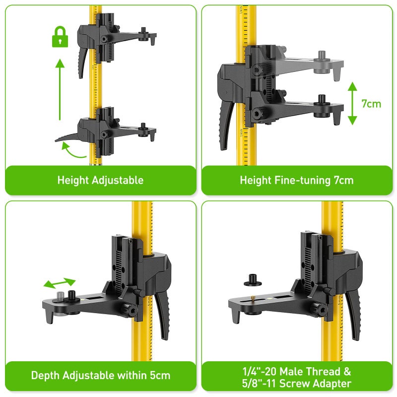 Huepar 12 Ft./3.7M Professional Laser Level Pole with Tripod and 1/4-Inch by 20-Inch Laser Mount for Rotary and Line Lasers, Adjustable Telescoping Laser Pole with 5/8"-11 Threaded Adapter-LP36A - Image 4
