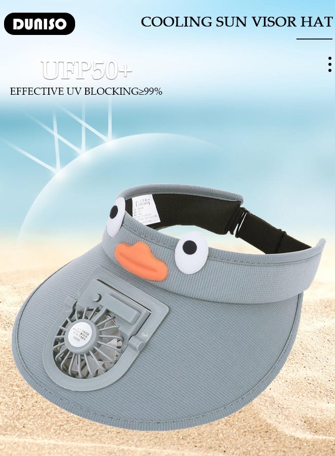 DUNISO Kids Sun Visor Hat with Fan Cartoon Cute Grey Breathable Sunscreen Empty Top Hat Summer Cooling Fan Hat Outdoor Mini Fan Hat with USB Rechargeable for Outdoor Beach Large Area Sun Protection UV Protection  - Image 5