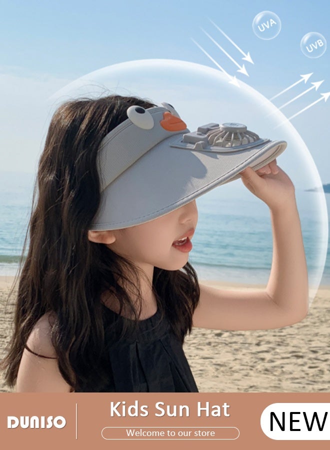DUNISO Kids Sun Visor Hat with Fan Cartoon Cute Grey Breathable Sunscreen Empty Top Hat Summer Cooling Fan Hat Outdoor Mini Fan Hat with USB Rechargeable for Outdoor Beach Large Area Sun Protection UV Protection  - Image 1