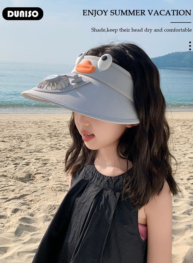 DUNISO Kids Sun Visor Hat with Fan Cartoon Cute Grey Breathable Sunscreen Empty Top Hat Summer Cooling Fan Hat Outdoor Mini Fan Hat with USB Rechargeable for Outdoor Beach Large Area Sun Protection UV Protection  - Image 4