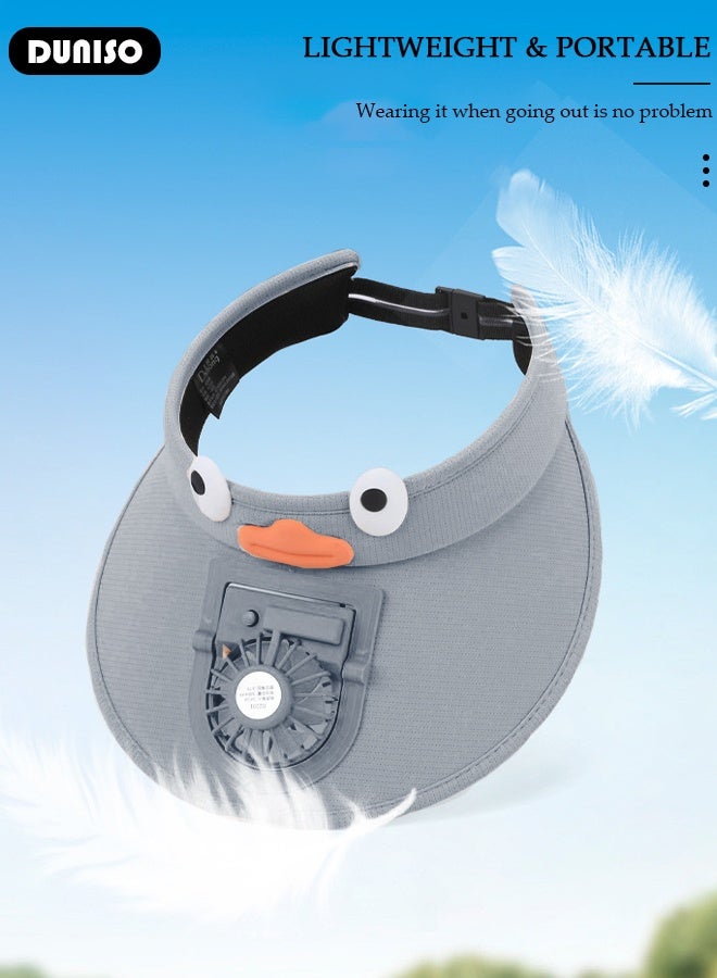 DUNISO Kids Sun Visor Hat with Fan Cartoon Cute Grey Breathable Sunscreen Empty Top Hat Summer Cooling Fan Hat Outdoor Mini Fan Hat with USB Rechargeable for Outdoor Beach Large Area Sun Protection UV Protection  - Image 3