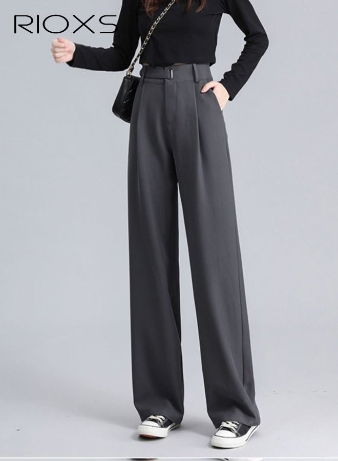 RIOXS ​​Women's Grey Mid -High Waist Wide Leg Pants, Pear Shape Flattering Trousers, Spring Summer Office Casual Polyester Pants with Adjustable Waist, Comfortable Straight Leg Dress Pants for Young Lady, Stretchy Work Pants with Pockets, Versatile Wardrobe Essential​ - Image 2