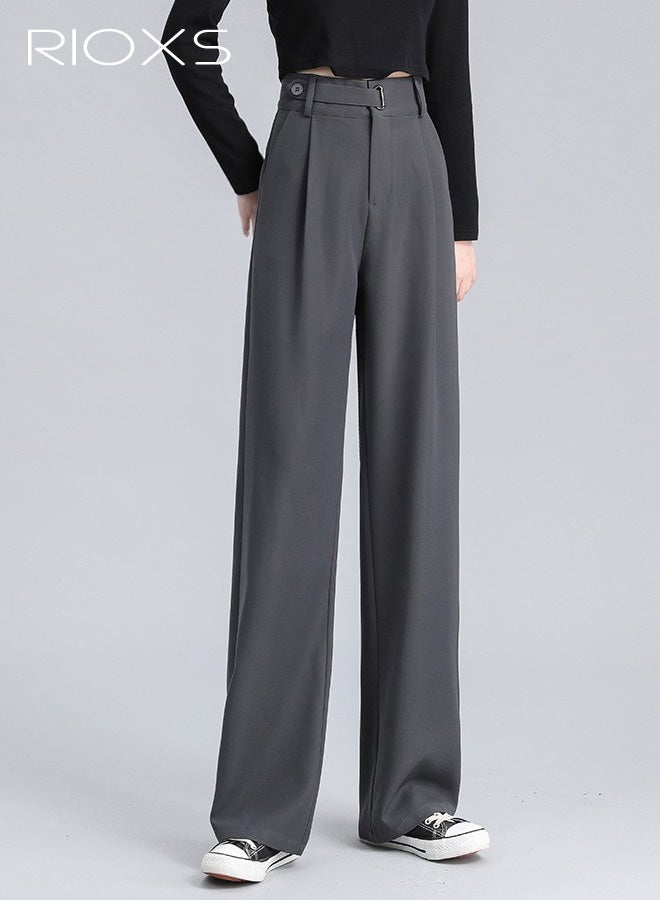 RIOXS ​​Women's Grey Mid -High Waist Wide Leg Pants, Pear Shape Flattering Trousers, Spring Summer Office Casual Polyester Pants with Adjustable Waist, Comfortable Straight Leg Dress Pants for Young Lady, Stretchy Work Pants with Pockets, Versatile Wardrobe Essential​ - Image 1