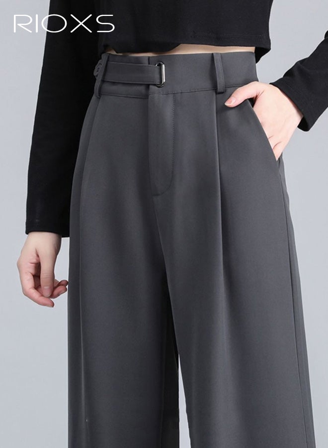 RIOXS ​​Women's Grey Mid -High Waist Wide Leg Pants, Pear Shape Flattering Trousers, Spring Summer Office Casual Polyester Pants with Adjustable Waist, Comfortable Straight Leg Dress Pants for Young Lady, Stretchy Work Pants with Pockets, Versatile Wardrobe Essential​ - Image 5