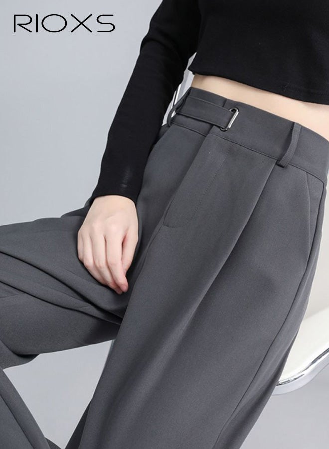 RIOXS ​​Women's Grey Mid -High Waist Wide Leg Pants, Pear Shape Flattering Trousers, Spring Summer Office Casual Polyester Pants with Adjustable Waist, Comfortable Straight Leg Dress Pants for Young Lady, Stretchy Work Pants with Pockets, Versatile Wardrobe Essential​ - Image 4