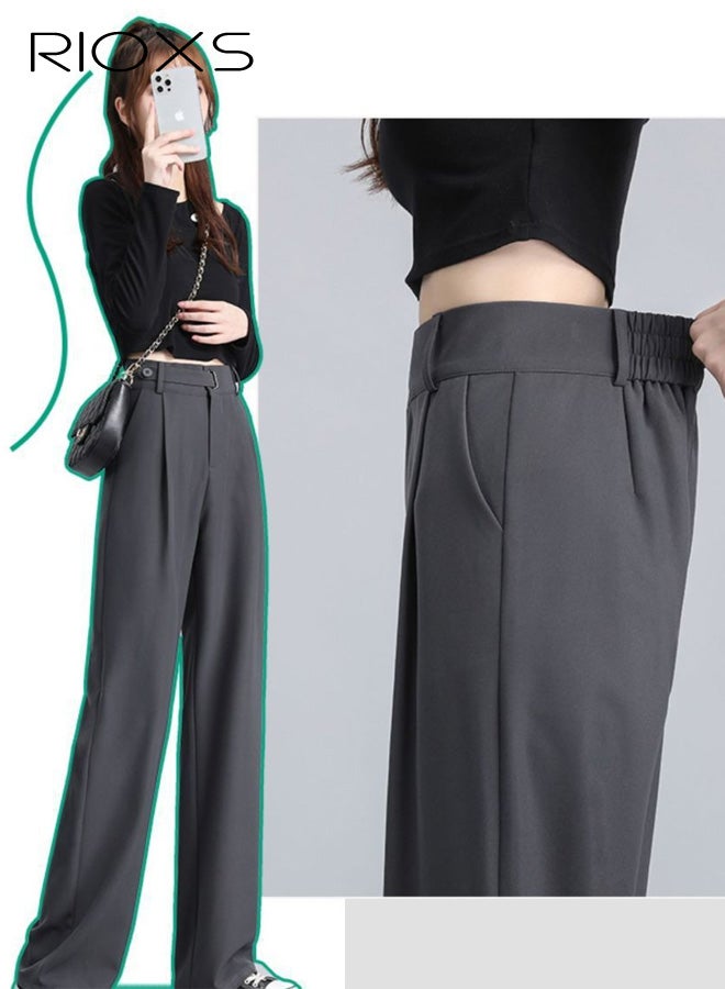 RIOXS ​​Women's Grey Mid -High Waist Wide Leg Pants, Pear Shape Flattering Trousers, Spring Summer Office Casual Polyester Pants with Adjustable Waist, Comfortable Straight Leg Dress Pants for Young Lady, Stretchy Work Pants with Pockets, Versatile Wardrobe Essential​ - Image 3