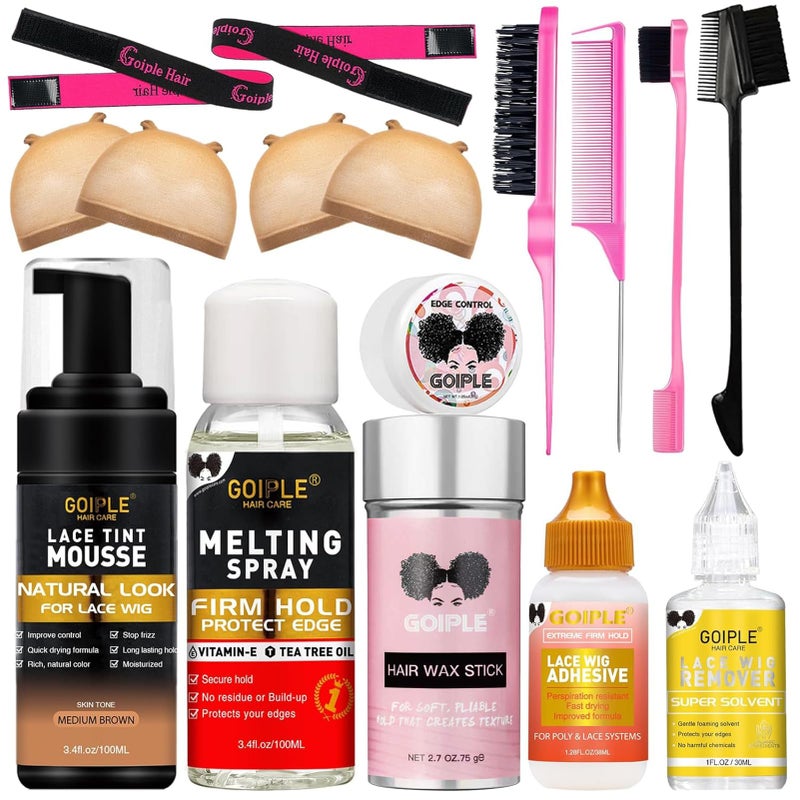 Goiple Lace Tint Lace Melting Hair Mousse for Women's Wigs and Hairpieces - Natural Finishing Tint Spray Tool Set (Medium Brown) - Image 1