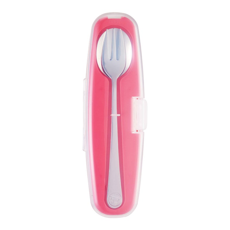Innobaby Din Din Smart Stainless Steel Spoon and Fork with Carrying Case Utensil Set for Kids and Toddlers BPA Free Pink DSSSF02