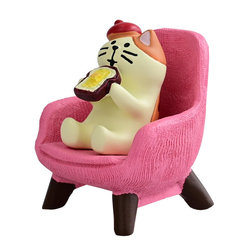 Mevodeata Cute Mini Cat Eating Toast Bread Figurine with Small Sofa Resin Figure for Office Home Decor for Cat Lovers (Pink Sofa) - Image 1