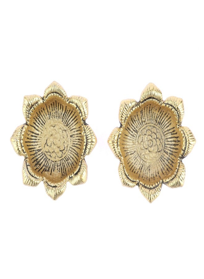 أديتري_كرييشن طقم من قطعتين من مصابيح الزيت النحاسية الدينية (ديا ديباك بوجا ديا) للطقوس الدينية الهندية التقليدية، وزينة رأس السنة الجديدة، وإضاءة ديا، وإكسسوارات إضاءة، ومجموعة هدايا (الحجم: 2 بوصة) (ذهبي). - Image 1