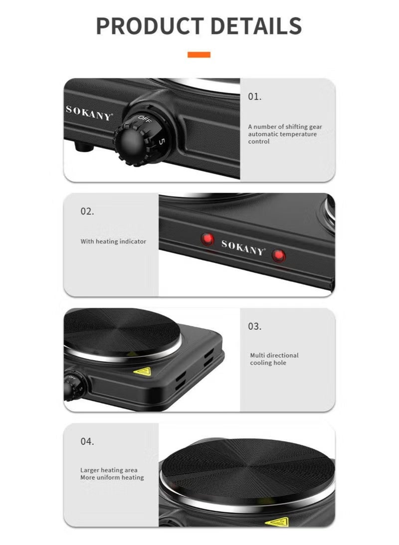 sokany Electric Stove&Heater Electrics Hot Plate Two Burners 2000W SK-5107 Black - Image 2