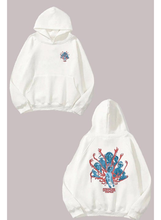Unisex Stranger Things Hands Design Front Back Printed Regular Fit White Sweatshirt