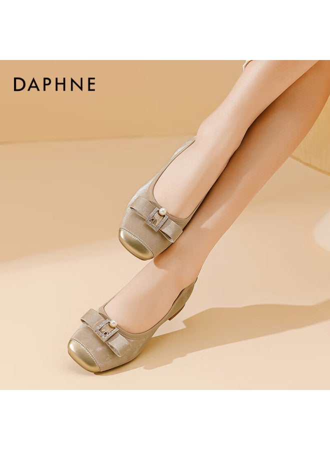 Daphne Women's Low-cut Flats, Spring 2025 French Slip-on Square Toe Bow Heel Mom Shoes, Apricot Color, Size 37 - Image 1