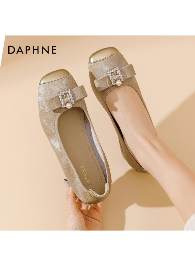 Daphne Women's Low-cut Flats, Spring 2025 French Slip-on Square Toe Bow Heel Mom Shoes, Apricot Color, Size 37 - Image 3