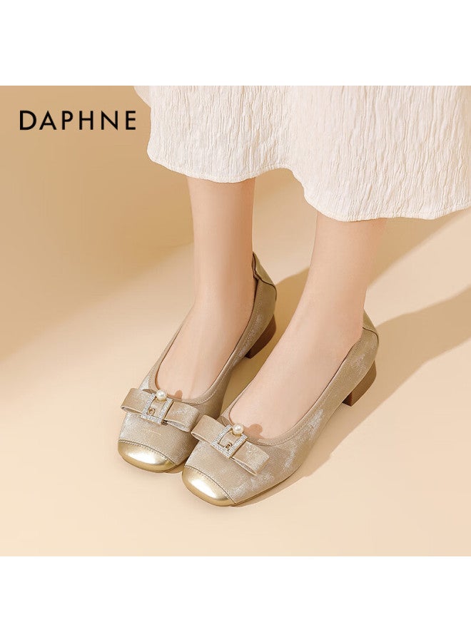 Daphne Women's Low-cut Flats, Spring 2025 French Slip-on Square Toe Bow Heel Mom Shoes, Apricot Color, Size 37 - Image 4