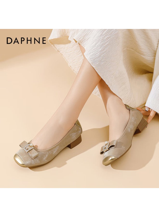 Daphne Women's Low-cut Flats, Spring 2025 French Slip-on Square Toe Bow Heel Mom Shoes, Apricot Color, Size 37 - Image 5