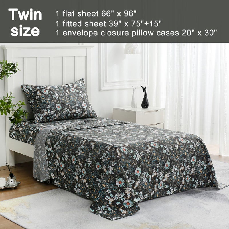 JSD Black Paisley Floral Printed Sheet Set Twin Size  3 Piece Soft Pattern Microfiber Sheets Extra Deep Pocket - Image 2
