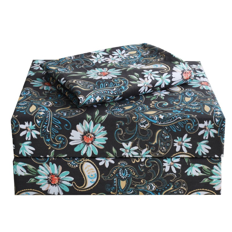 JSD Black Paisley Floral Printed Sheet Set Twin Size  3 Piece Soft Pattern Microfiber Sheets Extra Deep Pocket - Image 1