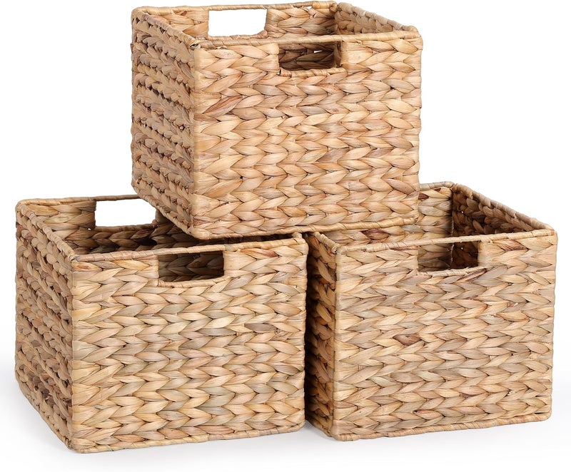 DINGTAI 12x12x10 Water Hyacinth Storage Basket Large, Folding Cube Woven Wicker Storage Basket for Shelves, Pantry Baskets Organization and Storage, Kitchen Storage Baskets, Large Rattan Basket Set of 3 - Image 1