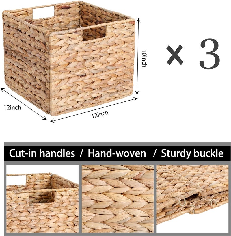 DINGTAI 12x12x10 Water Hyacinth Storage Basket Large, Folding Cube Woven Wicker Storage Basket for Shelves, Pantry Baskets Organization and Storage, Kitchen Storage Baskets, Large Rattan Basket Set of 3 - Image 3