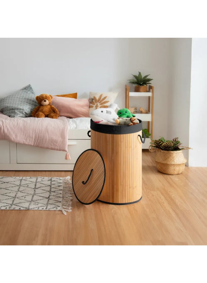 COMPACTOR Foldable Round Bamboo Laundry Basket with Lid Beige and Black 60 x 40 x 40 cm RAN11910 - Image 2