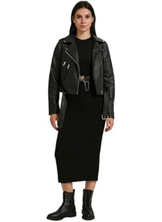 Two-piece women's outfit: black leather jacket and black basic dress – scuba leather fabric – one size fits up to 85 kg – stylish and modern design - Image 1