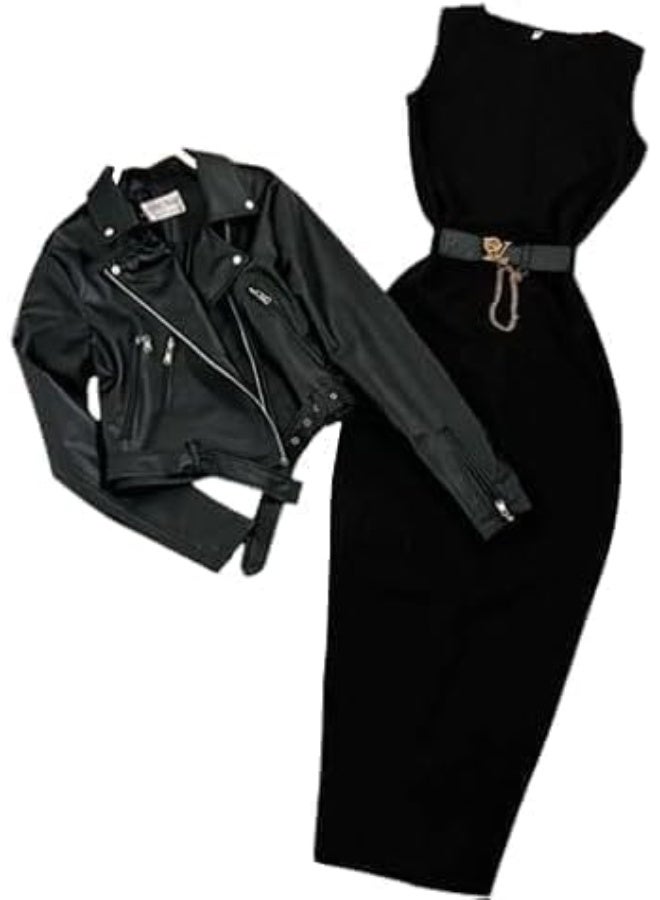 Two-piece women's outfit: black leather jacket and black basic dress – scuba leather fabric – one size fits up to 85 kg – stylish and modern design - Image 4
