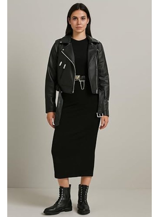 Two-piece women's outfit: black leather jacket and black basic dress – scuba leather fabric – one size fits up to 85 kg – stylish and modern design - Image 5