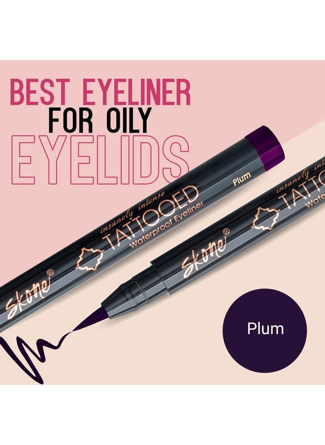 SKONE - Waterproof Liquid Eyeliner - Long Lasting & Smudge Proof - Insanely Intense Tattooed Eyeliner Pen with Felt Tip Applicator - Plum Black (0.07oz) - Image 1