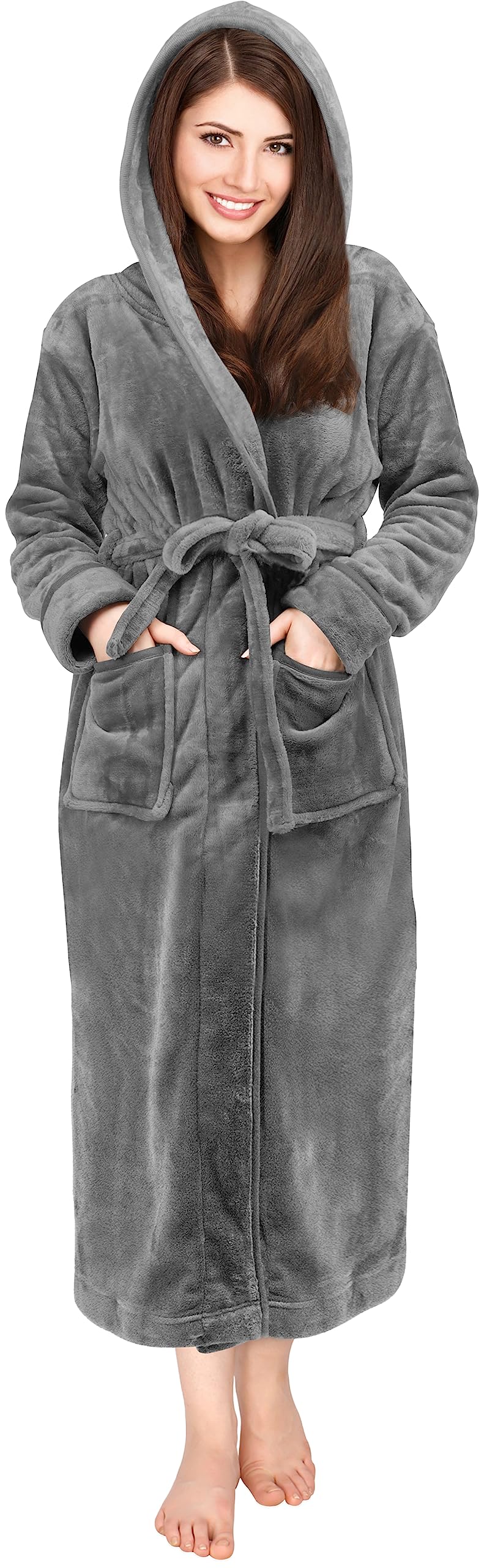 NY Threads Premium Womens Fleece Hooded Bathrobe Plush Long Spa Robe Large Steel Grey