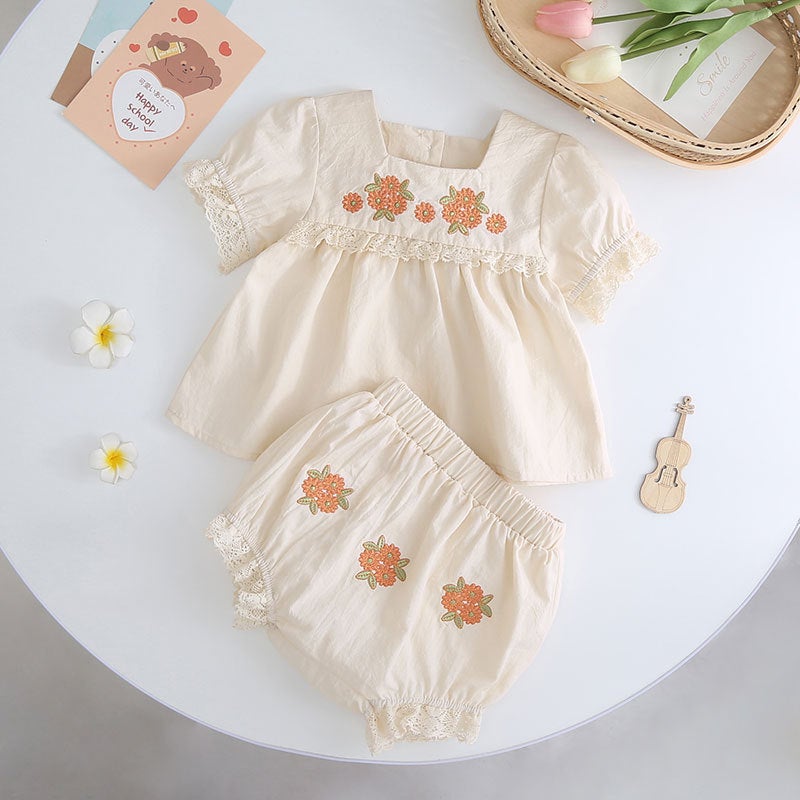 Foshan Girls Summer Short Sleeve Embroidered Set Apricot 