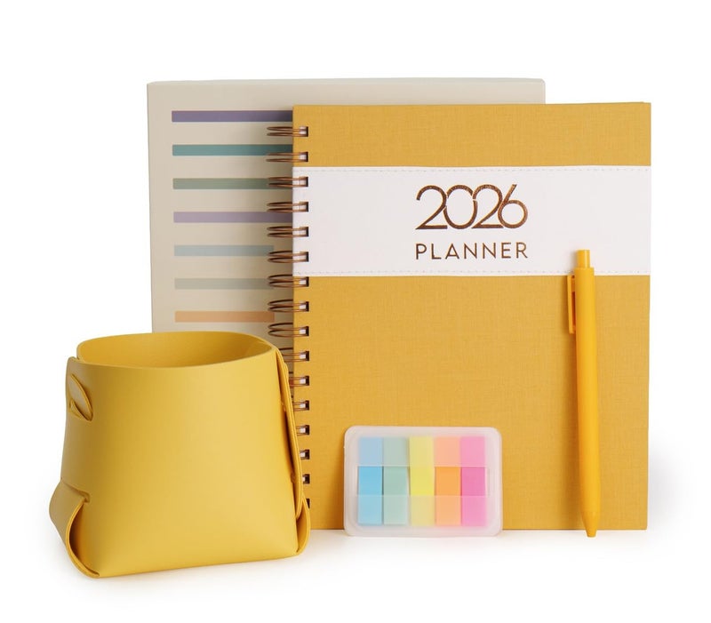 COMMA Wire-O Planner 2026 Gift Set | A5 Size New Year Diary, DIY Pen Stand, Pen and Sticky Notes | Budget & Mood Tracker, Birthdays, Shopping & Reading Lists and Travel Planner | Fabric Cover Material - Yellow - Image 2