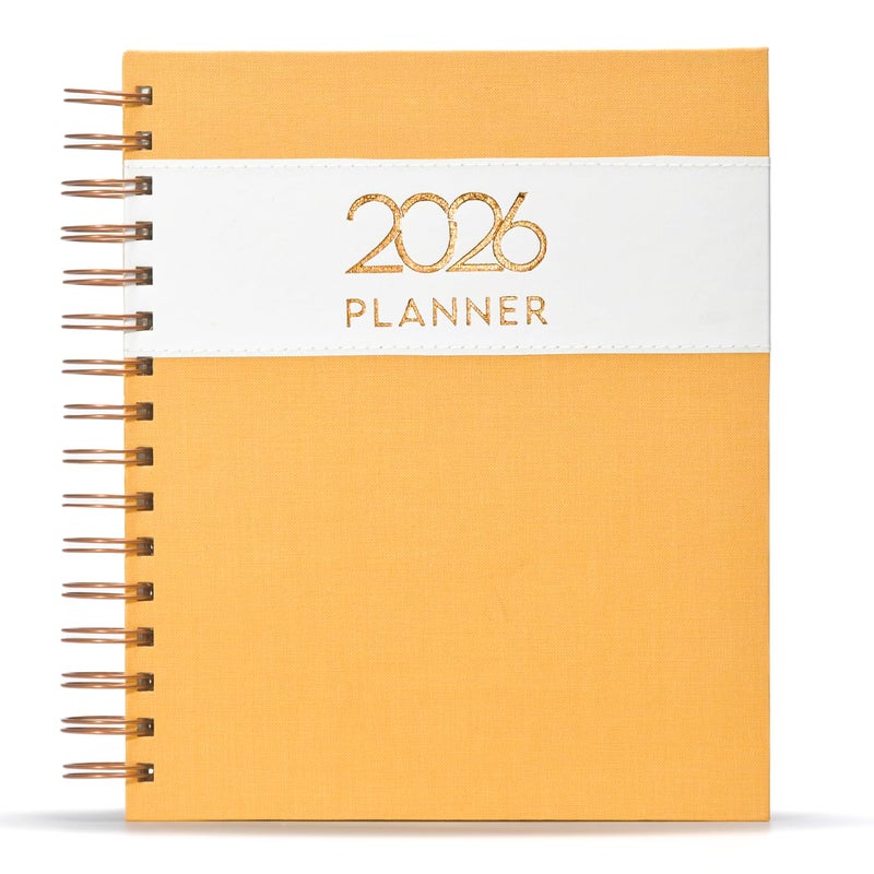 COMMA Wire-O Planner 2026 Gift Set | A5 Size New Year Diary, DIY Pen Stand, Pen and Sticky Notes | Budget & Mood Tracker, Birthdays, Shopping & Reading Lists and Travel Planner | Fabric Cover Material - Yellow - Image 1