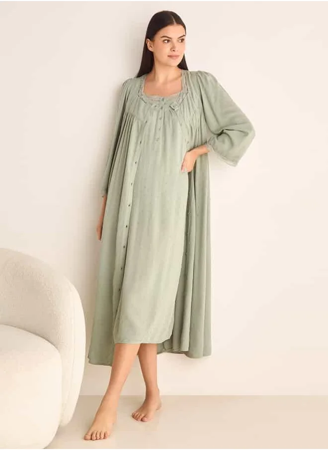فاف Dobby Textured Camisole and Robe Set with Lace Detail