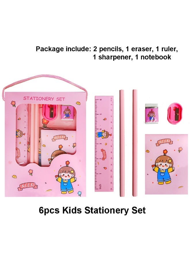 Stationary Set for Kids School, 6Pcs Back to School Supplies Cute Stationery Gift Set for Girls and Boys with Pencil , Eraser, Ruler, Sharpener and Notebook (Pink) - Image 2