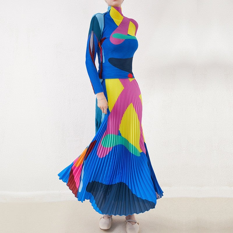 Pleated Fashion Dress Womens 2024 Spring and Autumn New Printed Loose Slimming All-match Age-reducing Overskirt Two-piece Set Blue